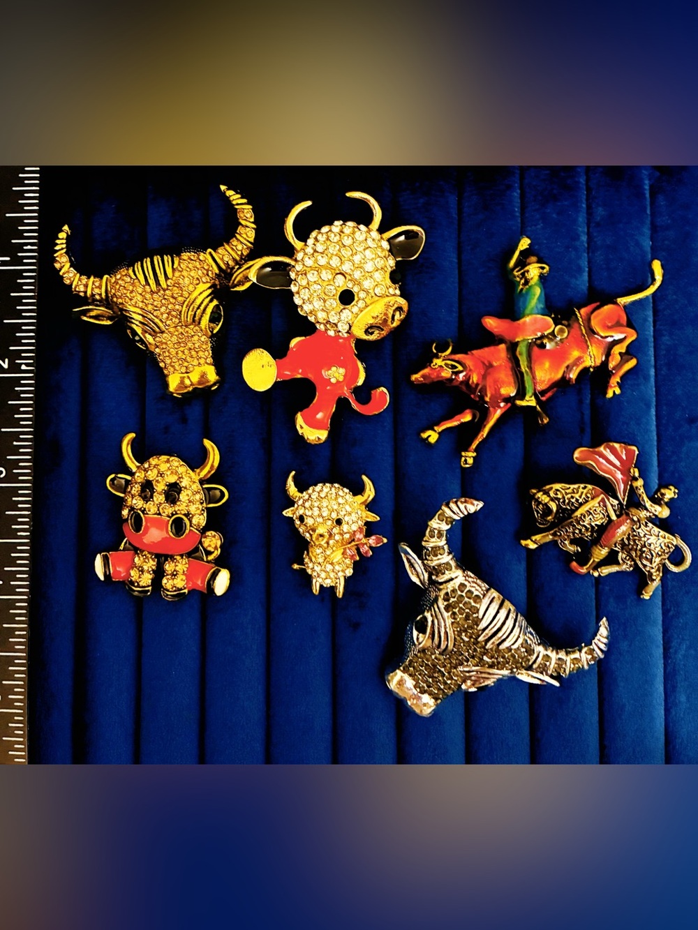 7pc Rhinestone Bull Cow Steer Pin Brooch Lot Enamel Cowboy Matador Taurus